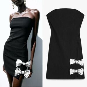 Zara NWT Black bow front mini dress with white contrasting bows